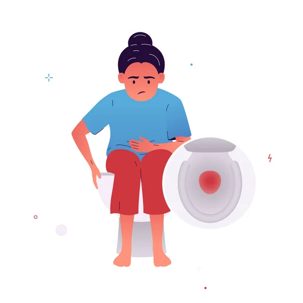 Wektorowa Ilustracja Dziewczyny Siedzącej Toalecie Trzymającej Się Brzuch Człowiek Krew — Wektor stockowy