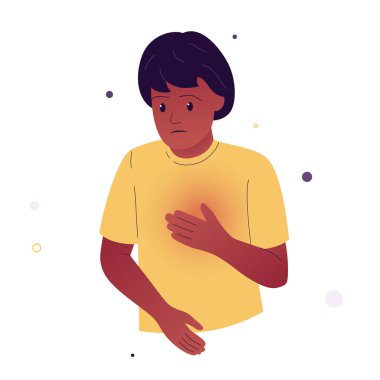 Elini göğsüne koyan heyecanlı bir kadının temsili temsili. Kadın göğsünde alışılmadık değişiklikler hissetti. Göğüs kanserinin belirtileri. Tıbbi makaleler, posterler için resim