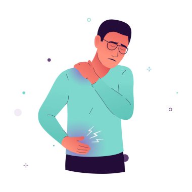 Gözlüklü bir adamın vektör çizimi. Vücudunun farklı yerlerinde ağrılar var. Kişi alışılmadık kas ağrıları çekiyor. Kas yorgunluğu, stres, miyalji, kanser belirtileri.