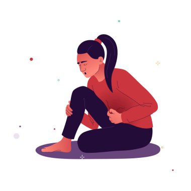 Yerde oturan ve midesinde ağrı hisseden bir kızın vektör çizimi. Kızın karnına kramplar giriyor, bu da onu kötü hissettiriyor. Zehirlenme, gastrit, gastroenterit belirtileri.