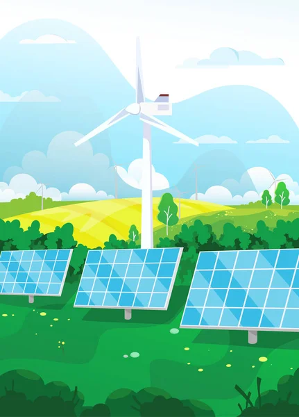 矢量图显示一个有风力涡轮机和太阳能电池板的露天场地 描述城市外一个美丽地方的夏季风景 传播清洁能源技术的理念 — 图库矢量图片