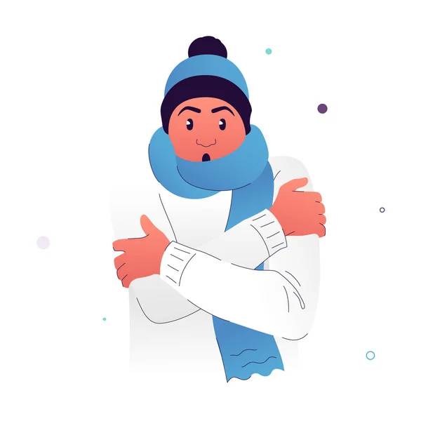 スカーフに包まれたキャラクターのベクトルイラスト その男は寒さから震えている 人は頭と喉の寒さを引き起こす寒さを持っています ウイルス感染症の症状 インフルエンザ — ストックベクタ