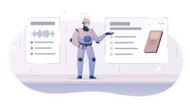 Ekranda bir şey göstererek sunum yapan bir robotun vektör illüstrasyonu. Bir robotun eğitim verdiği bir toplantı. Modern teknolojiler hakkında farkındalık fikrini iletir