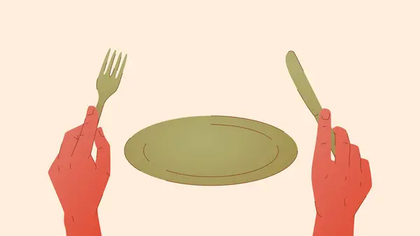 Vector Illustration Showing Empty Plate Hands Holding Fork Knife Man — Stock Vector