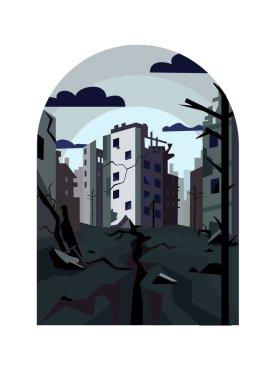 Bir deprem ve yıkımın yol açtığı yıkımı gösteren bir vektör çizimi. Kasvetli, yıkık dökük şehir ve binalar depremden sonra. Topraktaki çatlaklar ve yapılar. Doğal afetler.