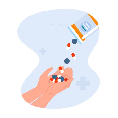 Şişeden alınan hapların ellere nasıl döküldüğünü gösteren bir vektör çizimi. Bir avuç dolusu hap ellerinde. Eczane afişleri, tıbbi posterler, standlar için ilaç ürünleri illüstrasyonu