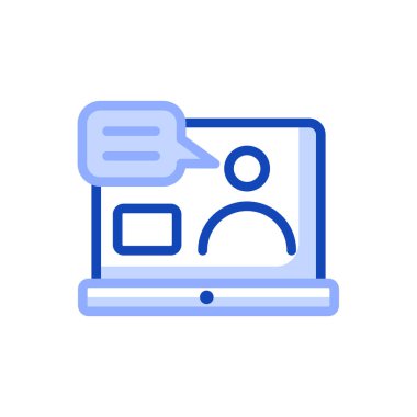 Yakınlaştırma uygulamasında ders verilen bir dizüstü bilgisayarın vektör simgesi. Bu simge çevrimiçi eğitimi temsil eder ve eğitim sitelerinde, platformlarda, çevrimiçi öğrenme kaynaklarında kullanılabilir..