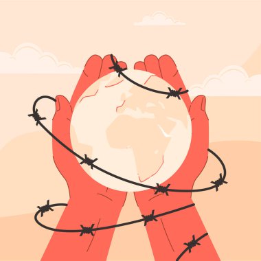 Dikenli tellere sarılı dünyayı tutan ellerin vektör çizimi. 10 Aralık İnsan Hakları Günü için İllüstrasyon. Baskıdan kurtuluşla ilgili Vektör İllüstrasyonu