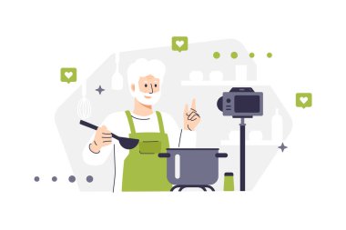 Tarife göre önlüklü, yemek pişiren bir erkek karakter. Yaşlı sakallı şefin kamera önünde yemek pişirme sürecinin temsili. Evdeki adam yemek hazırlıyor. Mutfak arka planı