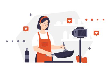 Mutfakta yemek pişiren önlüklü bir kadın karakter. Kız aboneleri için pişirme işlemini tripoda monte edilmiş bir kameraya kaydediyor. Mutfak gereçleri ve sosyal medya simgeleriyle raflar.