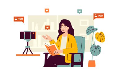 Kameranın önünde elinde kitapla oturan gözlüklü bir kızın vektör çizimi. Kadın yeni kitaplarıyla ilgili izlenimlerini paylaşıyor. Kız sesli bir şekilde çocuk kitabı okuyor.