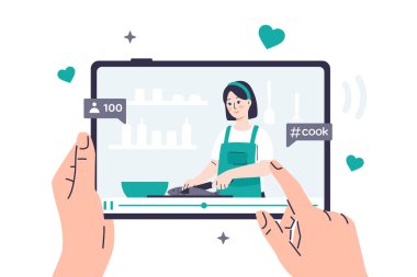 A person watches a video recipe on a tablet, where a food blogger girl is cooking. Hands are holding a tablet on which a video on a culinary topic is playing. The display shows the number of views clipart