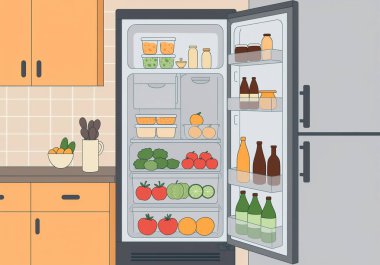 Çeşitli yiyecek, sebze, içki şişeleri ve kutularla dolu bir buzdolabı tasviri. Buzdolabı beyaz arka planda. Organizasyon ve depolama