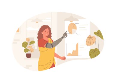 Protez kollu Hintli bir kadın özgüvenle iş yerinde sunum yapıyor. Bu illüstrasyon engelli insanların başarılı liderler olabilecekleri kapsamlı bir ortam gösteriyor.