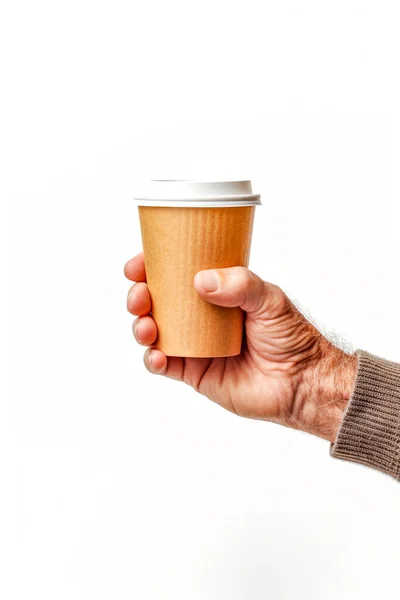 Mockup of hand holding a disposable cup of coffee