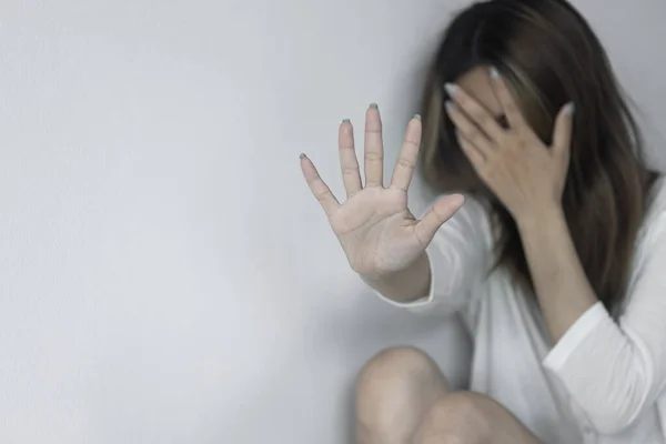 Woman Raised Her Hand Dissuade Sexual Abuse Stop Violence Women — Stock Photo, Image