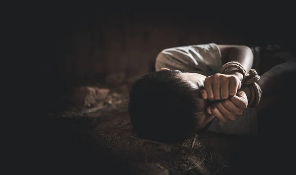 Kinderen Die Slachtoffer Van Menselijke Mensenhandel Tied Zijn Het Touw — Stockfoto