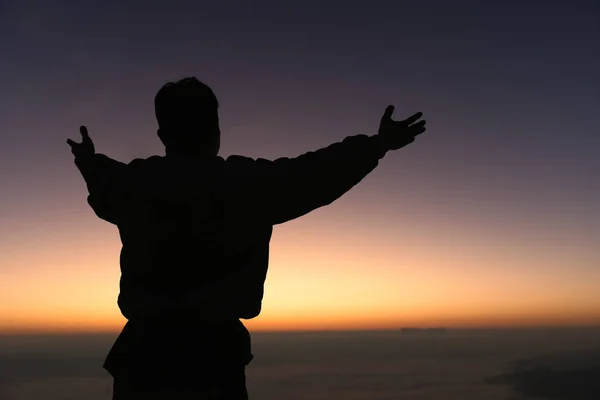 Silhouette Man Praying Mountain Sunrise Beautiful Landscape Spirituality Religion Man — Stok fotoğraf