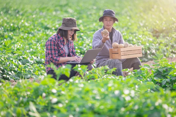 Farmer Agronomist Holds Smart Tablet Analyze Monitor Plant Growth Disease — Stock Photo, Image