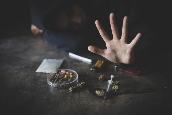 Girl Shows Palms Drug Abuse Concept Crime Drug Addiction June — Stock Photo, Image