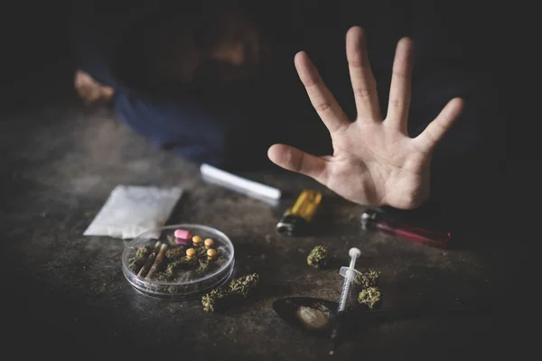 Human Hands Dark Background Stop Drug Addiction Concept Interfere Drugs — Stock Photo, Image