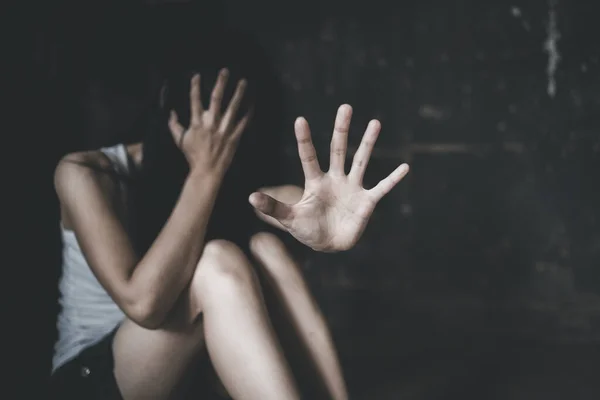Mulher Levantou Mão Para Dissuadir Abuso Campanha Parar Violência Contra — Fotografia de Stock