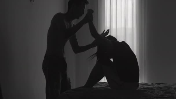 Silhouette Homme Agressant Une Femme Sans Défense Concept Arrêt Violence — Video