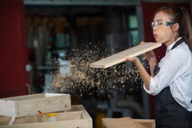 Genç bayan atölyede marangozluk eğitimi alıyor. Marangoz ahşap masada ekipmanla çalışıyor. Kadın bir marangozhanede çalışıyor..