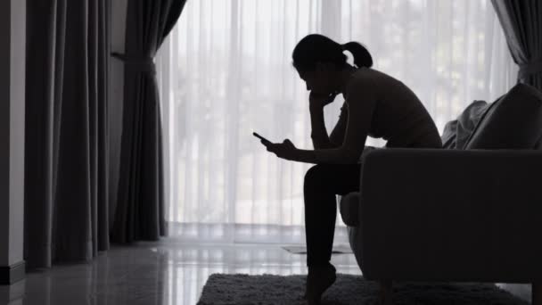 Silhouette Woman Suffering Depression Lies Sofa Has Stress Anxiety Sickness — Stock Video