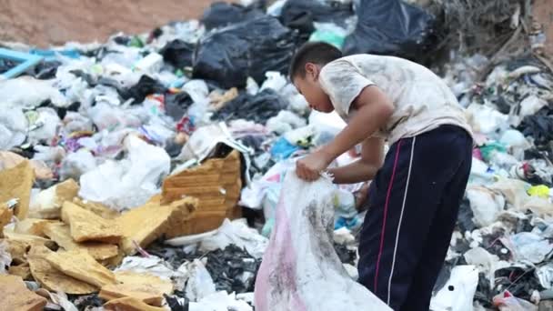 Chłopak Zbiera Śmieci Sprzedawać Wśród Sterty Śmierdzących Śmieci Koncepcja Ubóstwa — Wideo stockowe