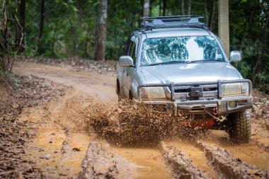 Arabalar off-road yollarında koşuyor ve doğal yollara çamur sıçrıyor. Çamurlu yolda off-road yolculuğu. Suv off road 4wd araba çamurlu su birikintisi, off-road yolu, büyük bir sıçrama ile.