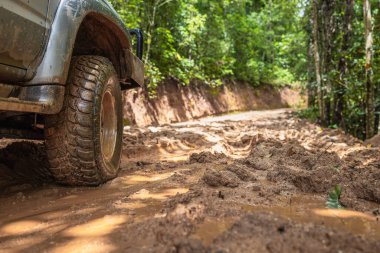 Çamurlu yollarda giden off-road araçları. Off-road yarışında çamur ve su sıçraması. Offroad araba seferi