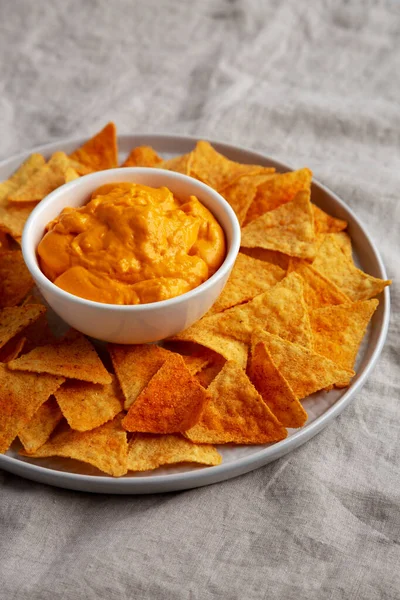 Cheese dip with tortilla chips, side view.