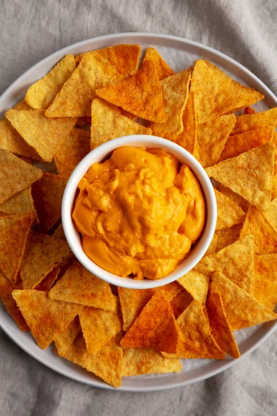 stock image Cheese dip with tortilla chips, top view. Flat lay, overhead, from above. 