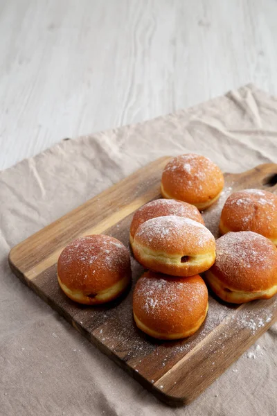 Homemade Apricot Polish Paczki Donut Powdered Sugar Wooden Board Side — Stock Photo, Image