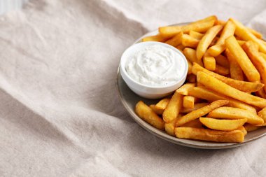 Ev yapımı çiftlik soslu patates kızartması. Düşük açılı. Boşluğu kopyala.