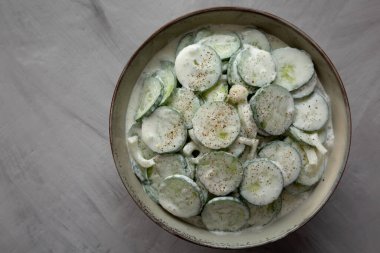 Homemade Cucumber Salad with Sour Cream and Onions in a Bowl, top view. Copy space.