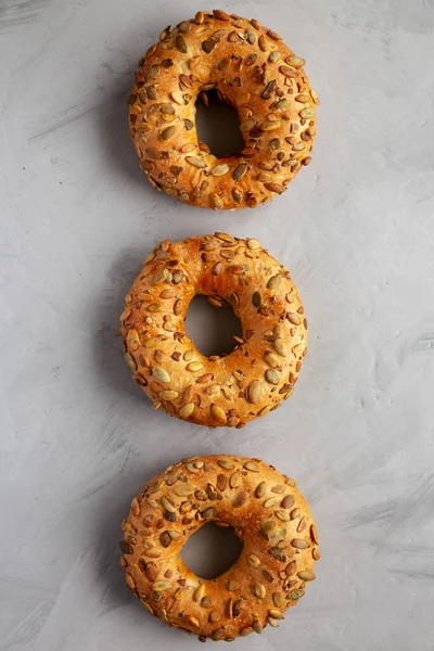 Homemade Pumpkin Seed Bagels Ready Eat Top View Overhead Flat — Stock Photo, Image