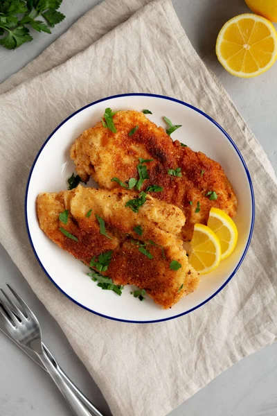 stock image Homemade Chicken Cutlets on a Plate, top view. Flat lay, overhead, from above.