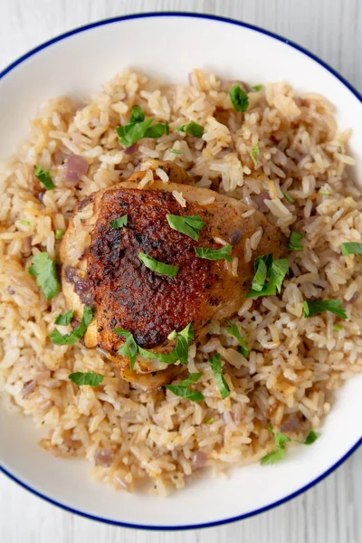 Homemade Paprika Chicken Rice Plate Top View 위에서 위에서 위에서 — 스톡 사진