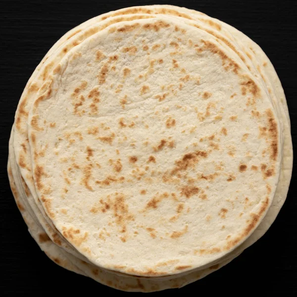 Stack Whole Wheat Flour Tortillas Black Background Top View Flat — Stock Photo, Image