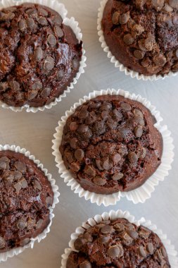 Gri arka planda ev yapımı Dark Chocolate Muffins, üst manzara. Yukarıdan, dümdüz uzanmış. 