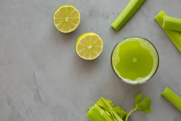 Refreshing Organic Celery Juice Lime Glass Top View Flat Lay — Stock Photo, Image