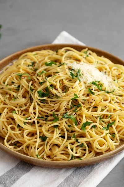 Facut Acasa Italian Spaghetti Aglio Olio Farfurie Vedere Laterala — Fotografie, imagine de stoc