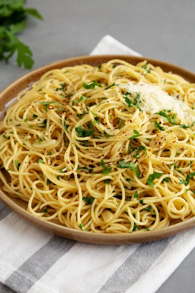 Facut Acasa Italian Spaghetti Aglio Olio Farfurie Vedere Laterala — Fotografie, imagine de stoc