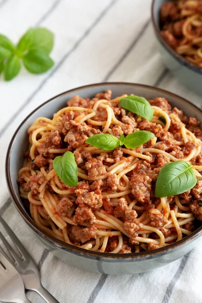 Domowej Roboty Pomidorowa Kiełbasa Bazylia Spaghetti Misce Widok Boku — Zdjęcie stockowe