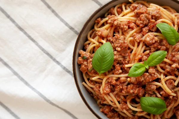 Zelfgemaakte Tomaat Basilicum Worst Spaghetti Een Schaal Bovenaanzicht Plat Gelegen — Stockfoto