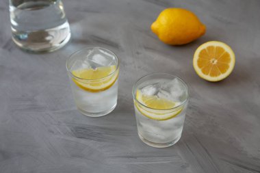 Gözlüklü Lemon ile Soğuk Su Gri arka planda, yan görünümde tazeleniyor.