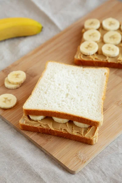 Homemade Peanut Butter Banana Sandwich Bamboo Board Side View — 스톡 사진