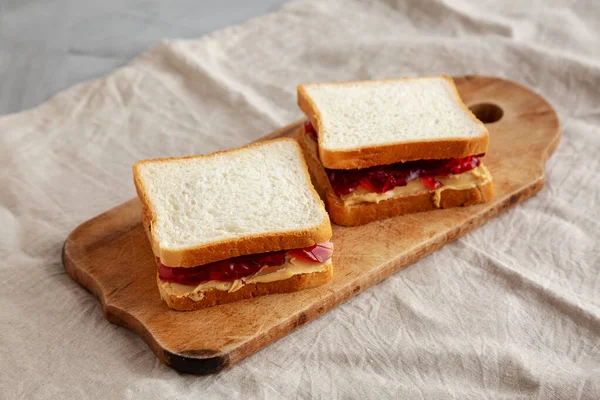 Homemade Peanut Butter Jelly Sandwich Rustic Wooden Board Side View — Stock Photo, Image